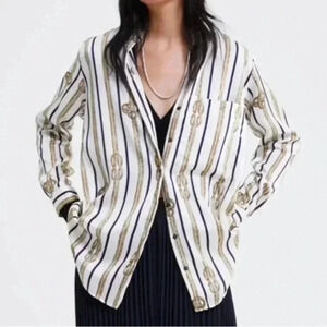 ZARA Rope Print Silky Blouse XS Nautical Long Button Up Blue White Gold